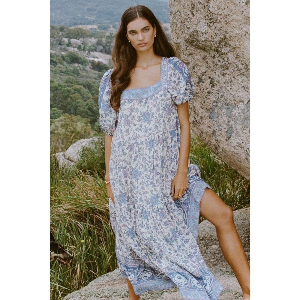 Spell & The Gypsy Maxi Dress XS Flowy Floral Resort Festival Boho Blue Folk Song